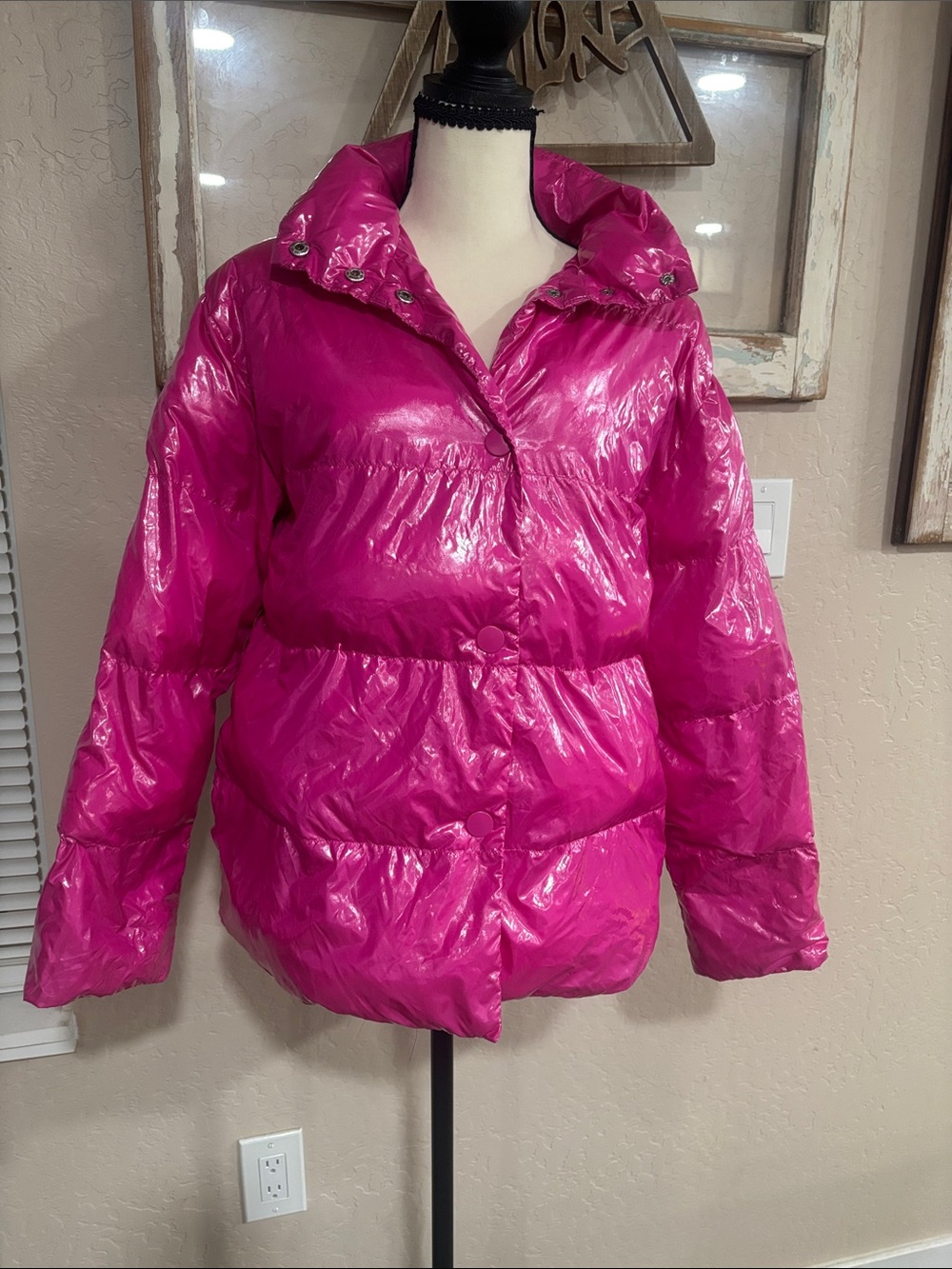Who What Wear Shiny Puffer Coat - Bright hot Pink